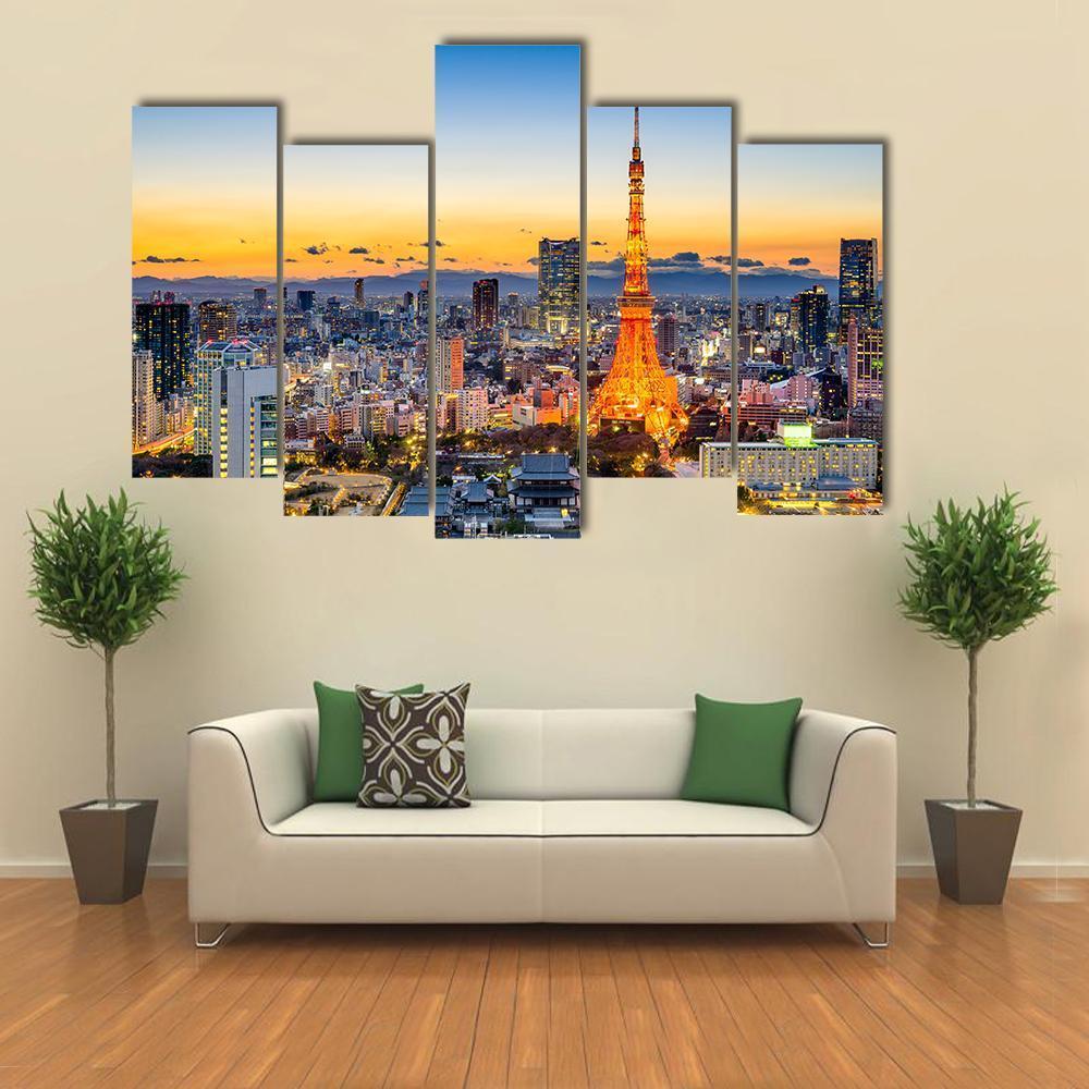 Skyline At Tokyo Tower Canvas Wall Art-5 Pop-Gallery Wrap-47" x 32"-Tiaracle