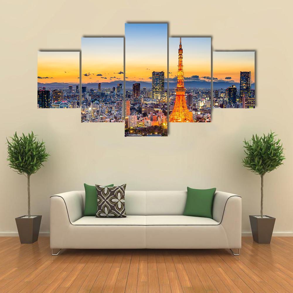 Skyline At Tokyo Tower Canvas Wall Art-5 Star-Gallery Wrap-62" x 32"-Tiaracle