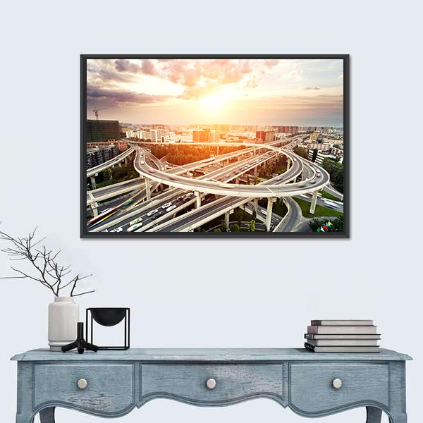 Skyline & Highway Intersection Vertical Canvas Wall Art-3 Vertical-Gallery Wrap-12" x 25"-Tiaracle