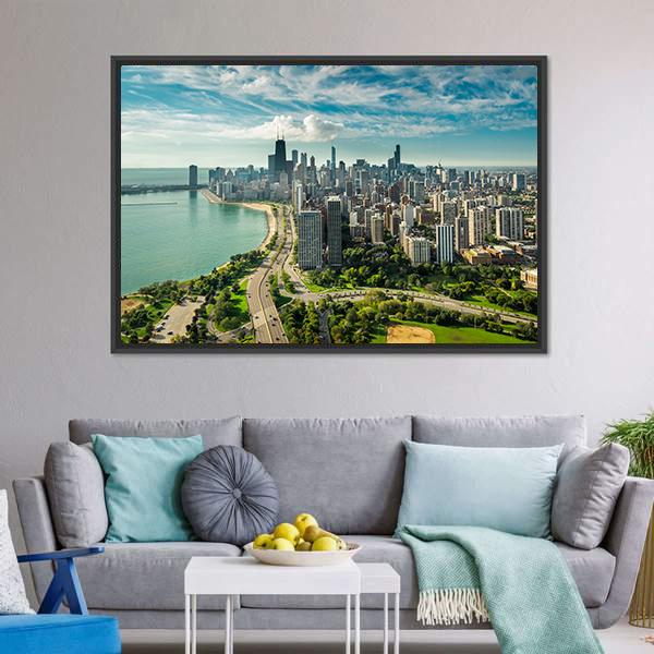 Skyline Of Chicago Canvas Wall Art-3 Horizontal-Gallery Wrap-25" x 16"-Tiaracle