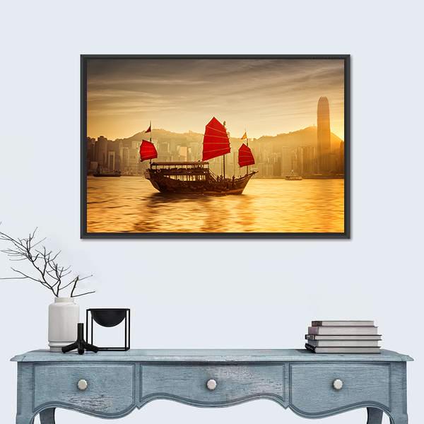 Skyline Of Hong Kong With Cruise Sailboat Canvas Wall Art-1 Piece-Floating Frame-24" x 16"-Tiaracle