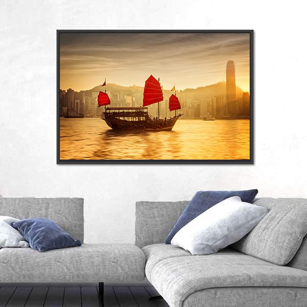 Skyline Of Hong Kong With Cruise Sailboat Canvas Wall Art-3 Horizontal-Gallery Wrap-25" x 16"-Tiaracle