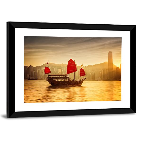 Skyline Of Hong Kong With Cruise Sailboat Canvas Wall Art-3 Horizontal-Gallery Wrap-25" x 16"-Tiaracle