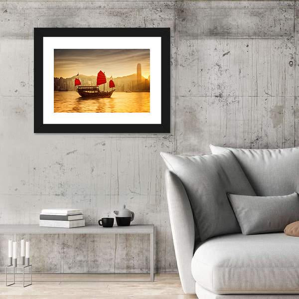 Skyline Of Hong Kong With Cruise Sailboat Canvas Wall Art-3 Horizontal-Gallery Wrap-25" x 16"-Tiaracle