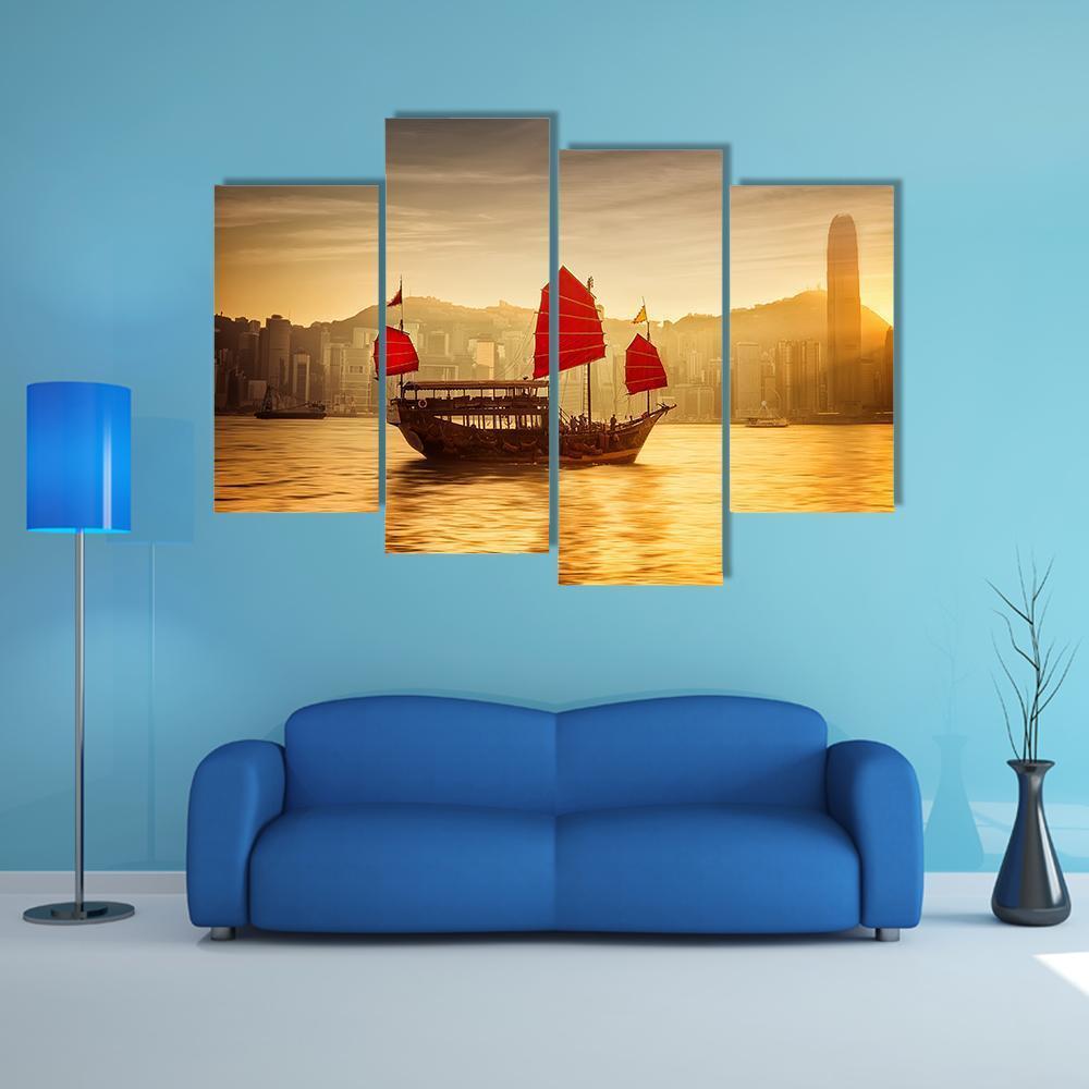 Skyline Of Hong Kong With Cruise Sailboat Canvas Wall Art-4 Pop-Gallery Wrap-50" x 32"-Tiaracle