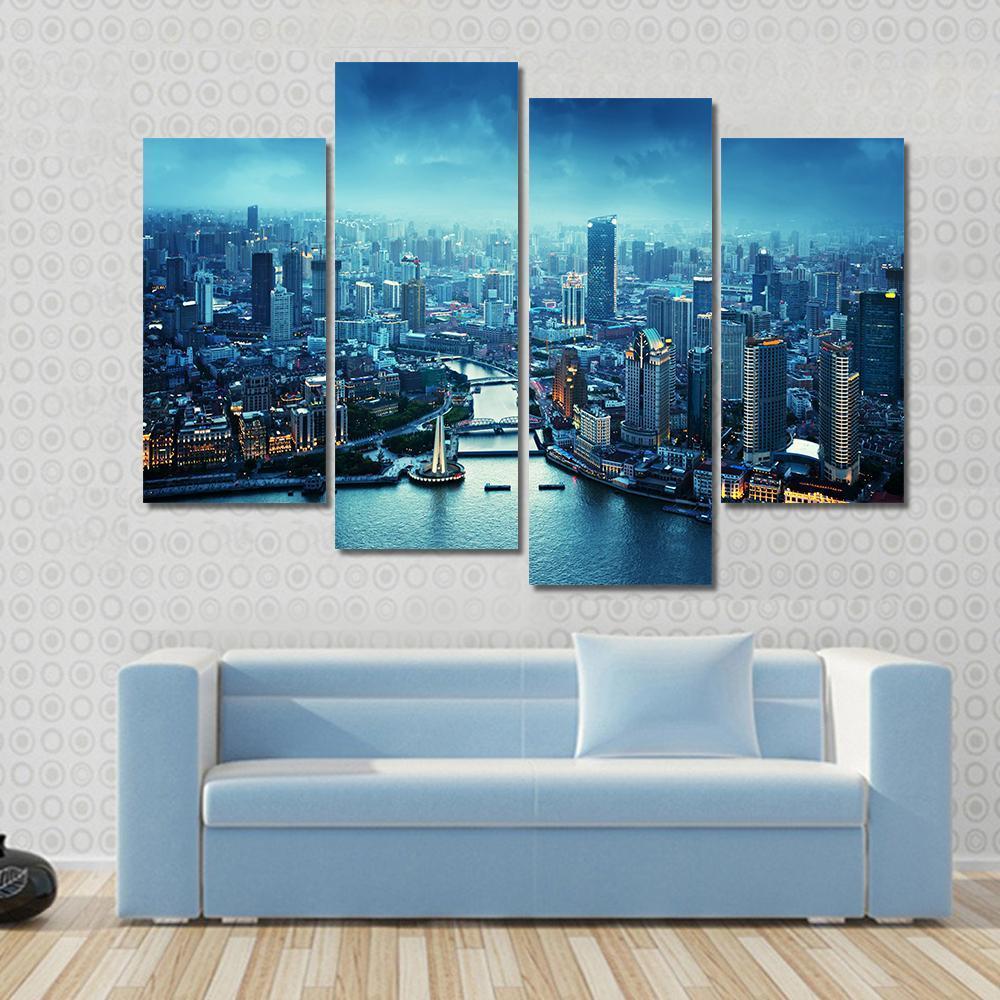 Skyline Of Shanghai At Sunset China Canvas Wall Art-4 Pop-Gallery Wrap-50" x 32"-Tiaracle