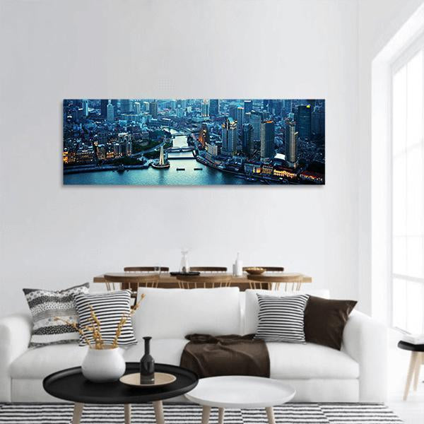 Skyline Of Shanghai At Sunset Panoramic Canvas Wall Art-1 Piece-36" x 12"-Tiaracle