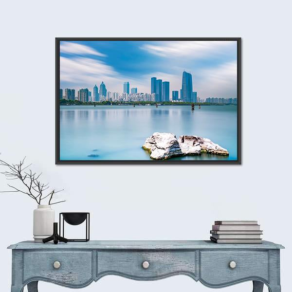 Skyline Of Suzhou Jinji Lake Canvas Wall Art-1 Piece-Floating Frame-24" x 16"-Tiaracle