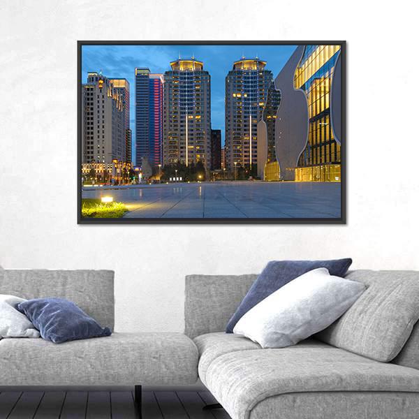Skyline Of Taichung City In Taiwan At Night Canvas Wall Art-3 Horizontal-Gallery Wrap-25" x 16"-Tiaracle