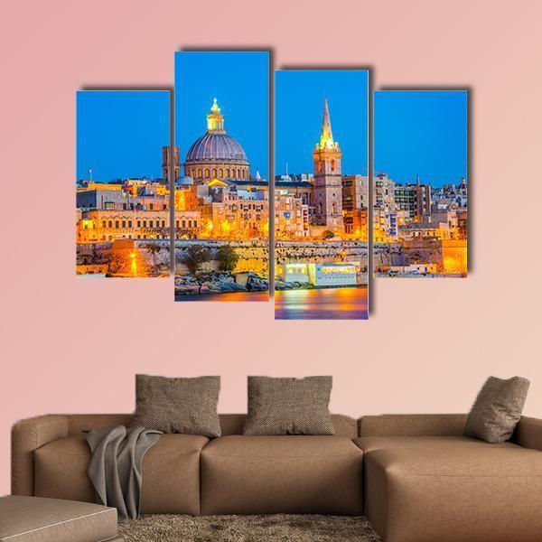 Skyline Of Valleta During Night In Malta Canvas Wall Art-4 Pop-Gallery Wrap-50" x 32"-Tiaracle