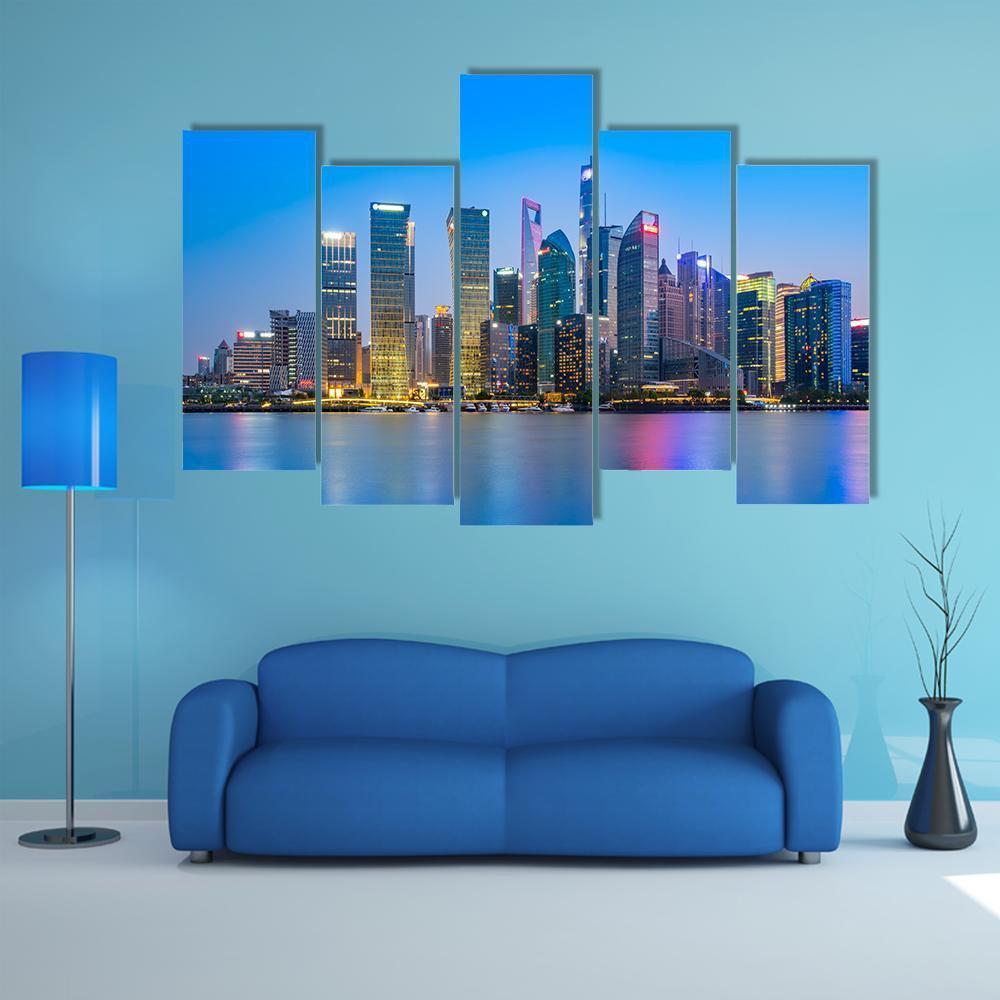 Skyscrapers In Shanghai Financial District Canvas Wall Art-5 Pop-Gallery Wrap-47" x 32"-Tiaracle