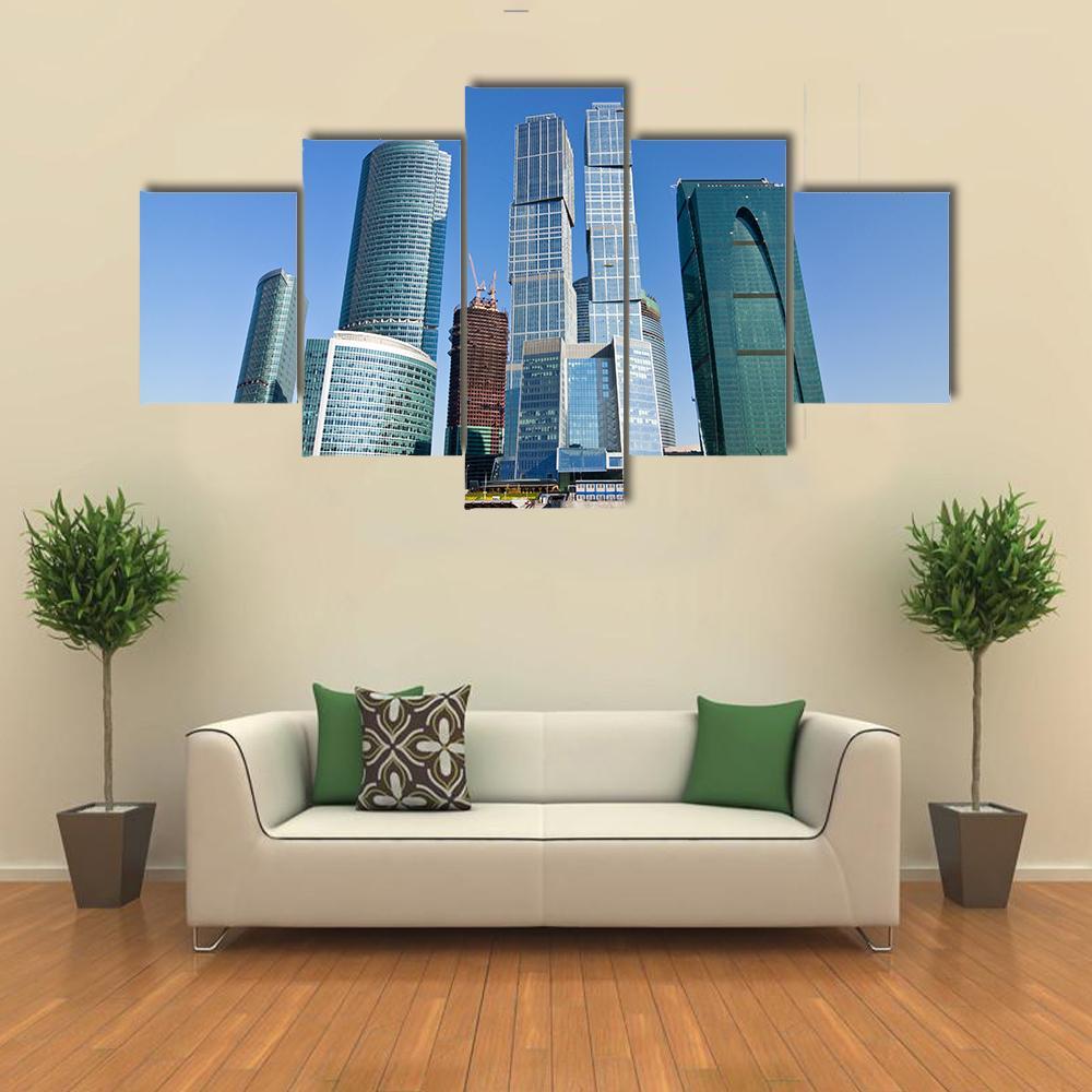 Skyscrapers Of Moscow City Under Blue Sky Canvas Wall Art-5 Star-Gallery Wrap-62" x 32"-Tiaracle