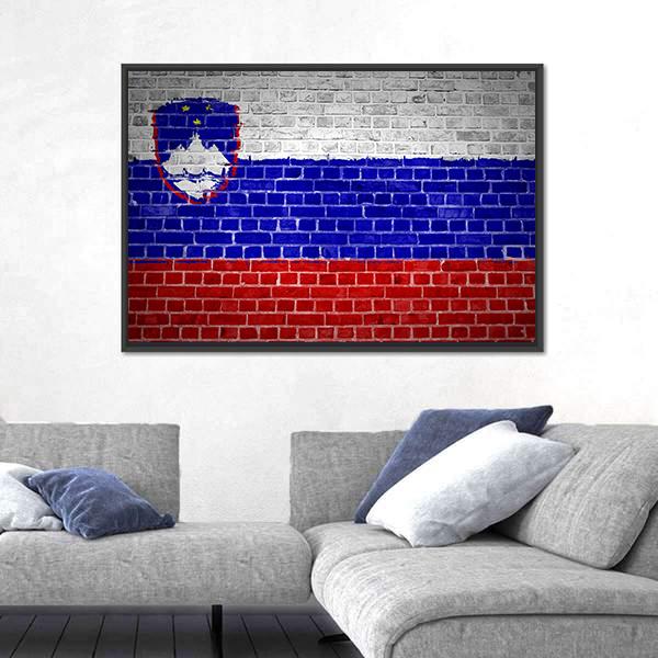 Slovenia Flag On A Brick Wall Canvas Wall Art-3 Horizontal-Gallery Wrap-25" x 16"-Tiaracle