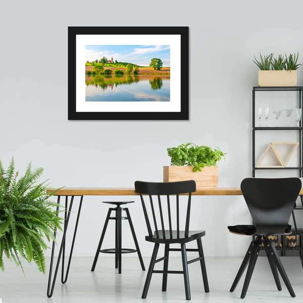 Small Church With Lake Canvas Wall Art-3 Horizontal-Gallery Wrap-25" x 16"-Tiaracle