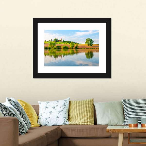 Small Church With Lake Canvas Wall Art-3 Horizontal-Gallery Wrap-25" x 16"-Tiaracle