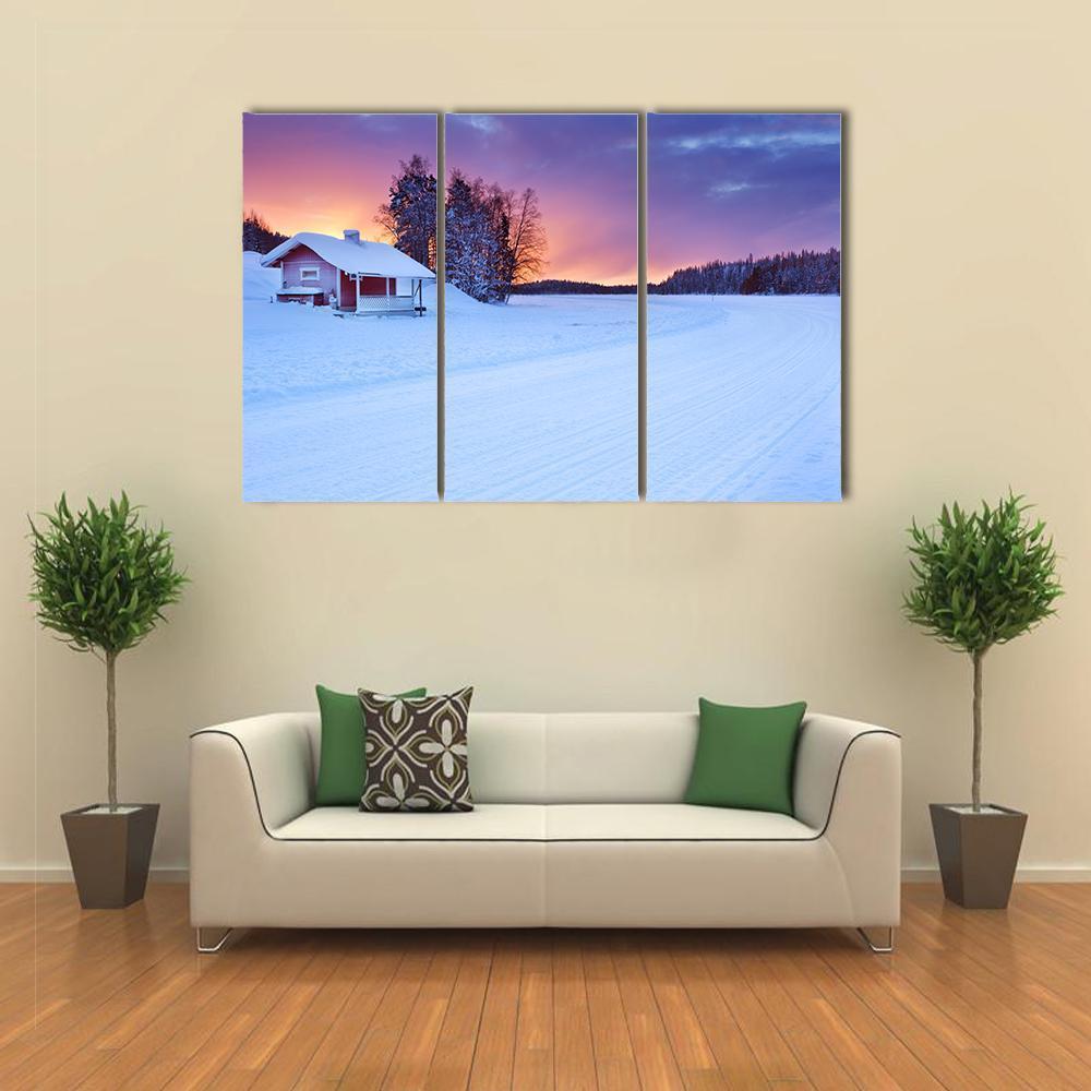 Small Cottage On The Edge Of A Frozen Lake Canvas Wall Art-3 Horizontal-Gallery Wrap-37" x 24"-Tiaracle