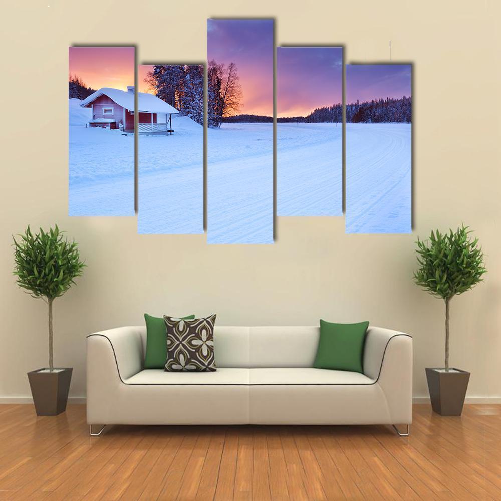Small Cottage On The Edge Of A Frozen Lake Canvas Wall Art-5 Pop-Gallery Wrap-47" x 32"-Tiaracle