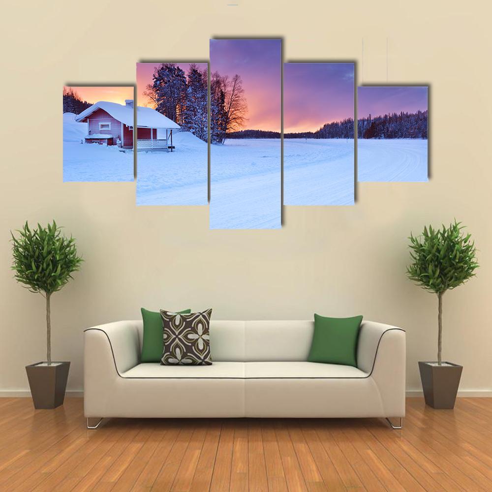 Small Cottage On The Edge Of A Frozen Lake Canvas Wall Art-5 Star-Gallery Wrap-62" x 32"-Tiaracle
