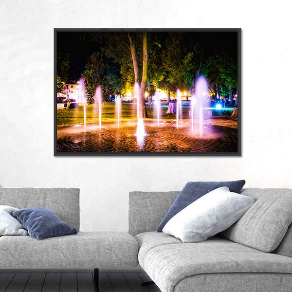 Small Fountain On A Summer Night Canvas Wall Art-3 Horizontal-Gallery Wrap-25" x 16"-Tiaracle
