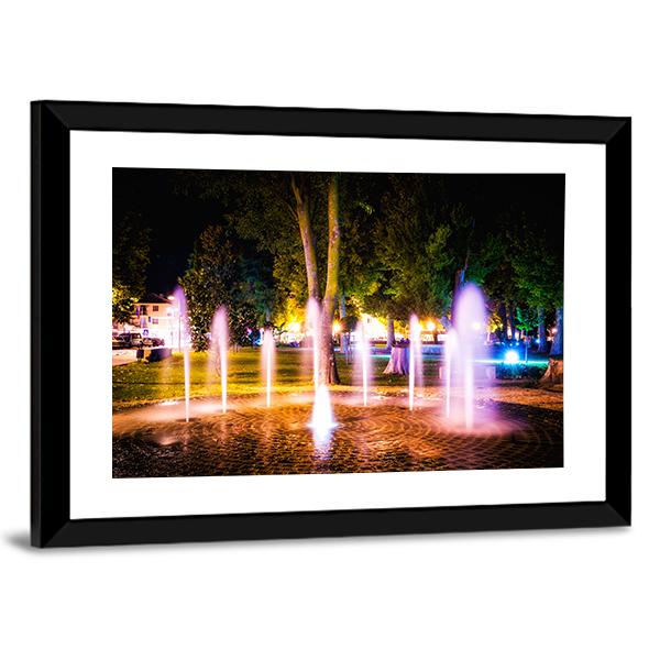 Small Fountain On A Summer Night Canvas Wall Art-3 Horizontal-Gallery Wrap-25" x 16"-Tiaracle