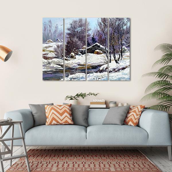 Small House In Winter Village Canvas Wall Art-4 Horizontal-Gallery Wrap-34" x 24"-Tiaracle