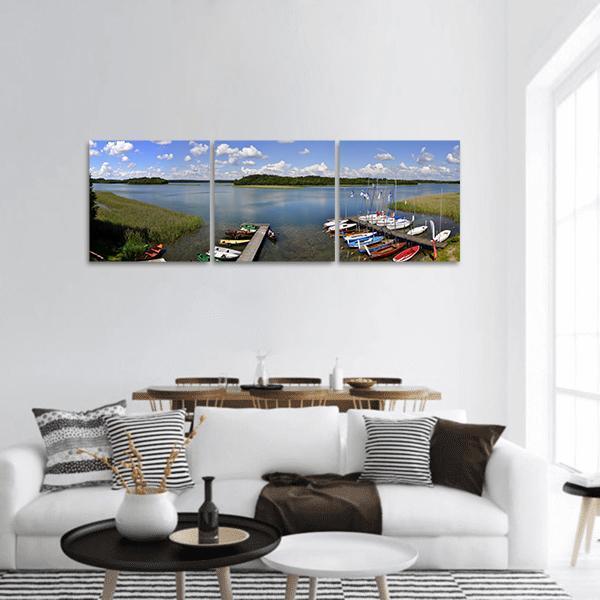 Small Travel Boat On Lake Shore Panoramic Canvas Wall Art-3 Piece-25" x 08"-Tiaracle