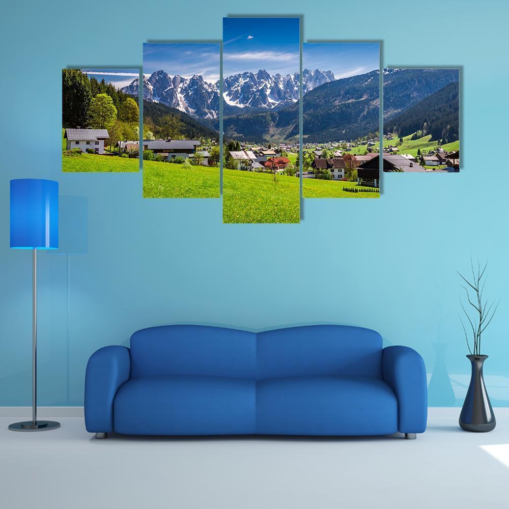 Small Village Gosau In Austrian Alps Canvas Wall Art-5 Star-Gallery Wrap-62" x 32"-Tiaracle