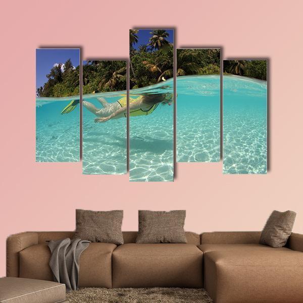 Snorkeler Diving In Blue Lagoon Canvas Wall Art-5 Pop-Gallery Wrap-47" x 32"-Tiaracle