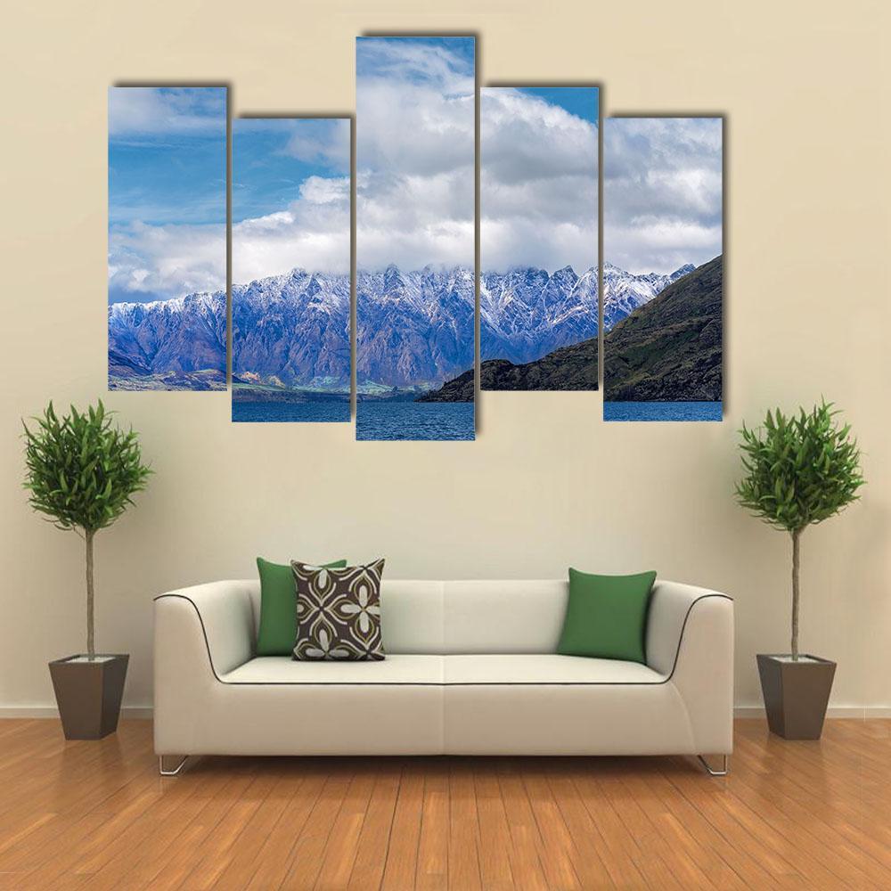 Snow Caped Peaks Across Lake Wakatipu Canvas Wall Art-5 Pop-Gallery Wrap-47" x 32"-Tiaracle