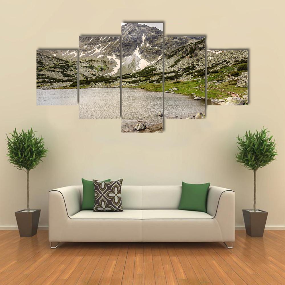Snow Covered Landscape Of Rila Mountain And Lake Canvas Wall Art-5 Star-Gallery Wrap-62" x 32"-Tiaracle