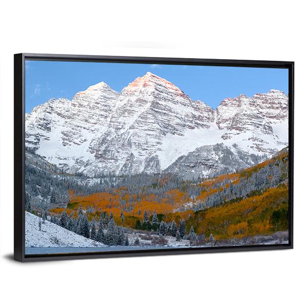 Snow Covered Maroon Bells Mountains Canvas Wall Art-3 Horizontal-Gallery Wrap-25" x 16"-Tiaracle