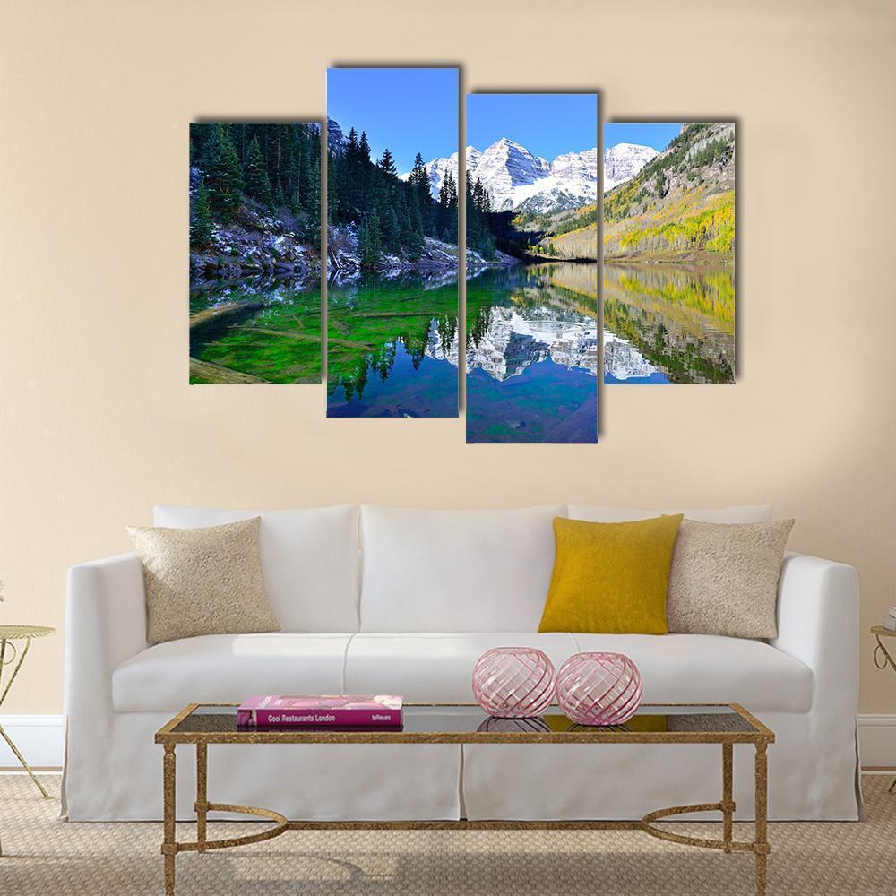 Snow Covered Mountains Reflecting In The Lake Canvas Wall Art-4 Pop-Gallery Wrap-50" x 32"-Tiaracle