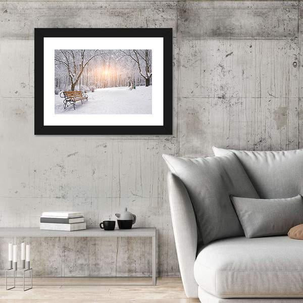 Snow Covered Trees And Benches In The City Park Sunset Canvas Wall Art-3 Horizontal-Gallery Wrap-25" x 16"-Tiaracle