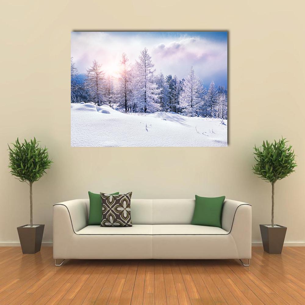 Snow Covered Trees In The Mountains At Sunset Canvas Wall Art-1 Piece-Gallery Wrap-36" x 24"-Tiaracle