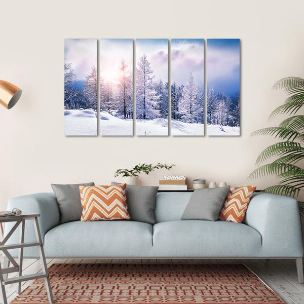 Snow Covered Trees In The Mountains At Sunset Canvas Wall Art-5 Horizontal-Gallery Wrap-22" x 12"-Tiaracle