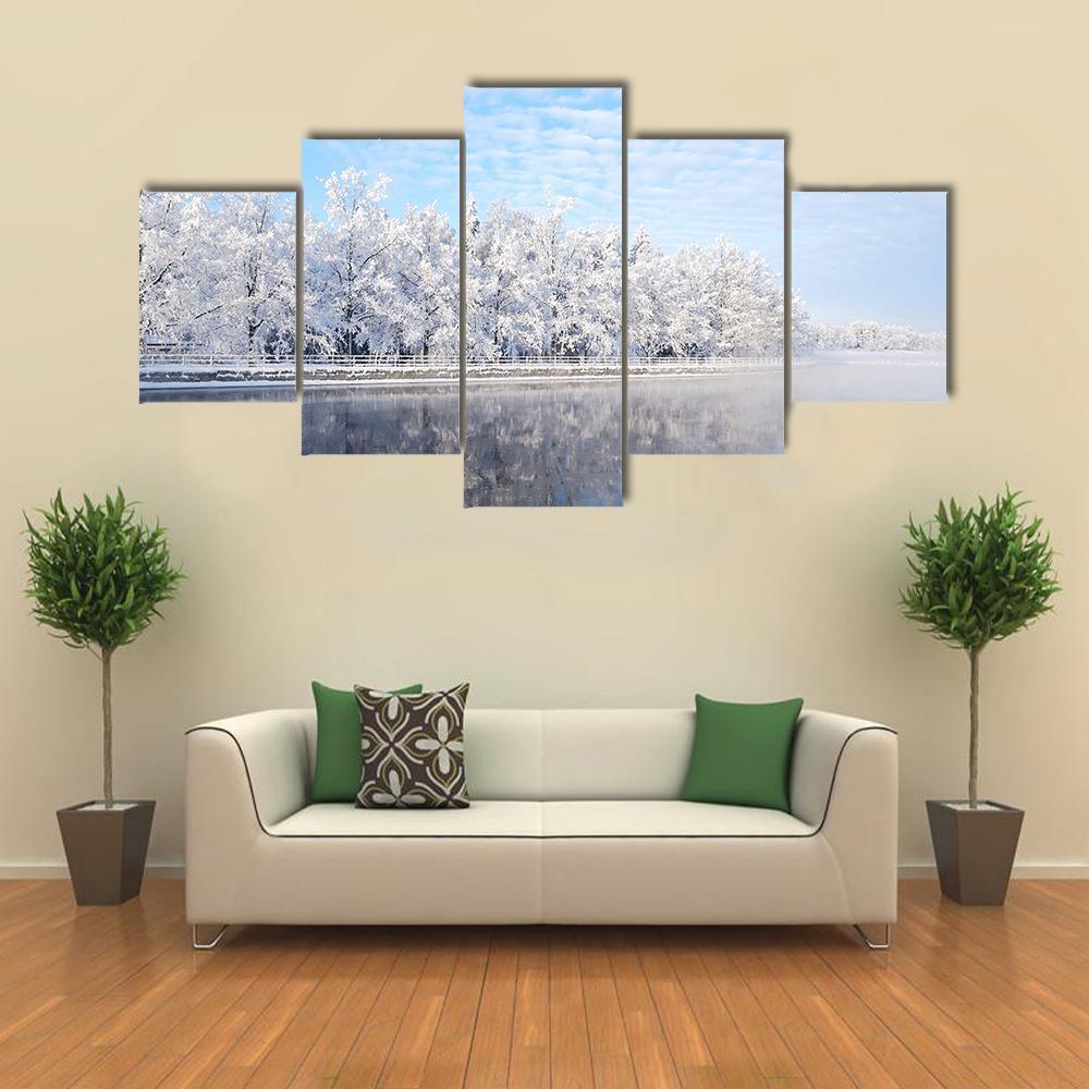 Snow Covered Trees Reflecting In The Icy Water Canvas Wall Art-5 Star-Gallery Wrap-62" x 32"-Tiaracle