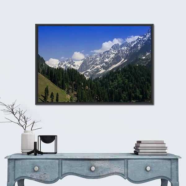 Snow Mountain With Pine Forest Canvas Wall Art-1 Piece-Floating Frame-24" x 16"-Tiaracle