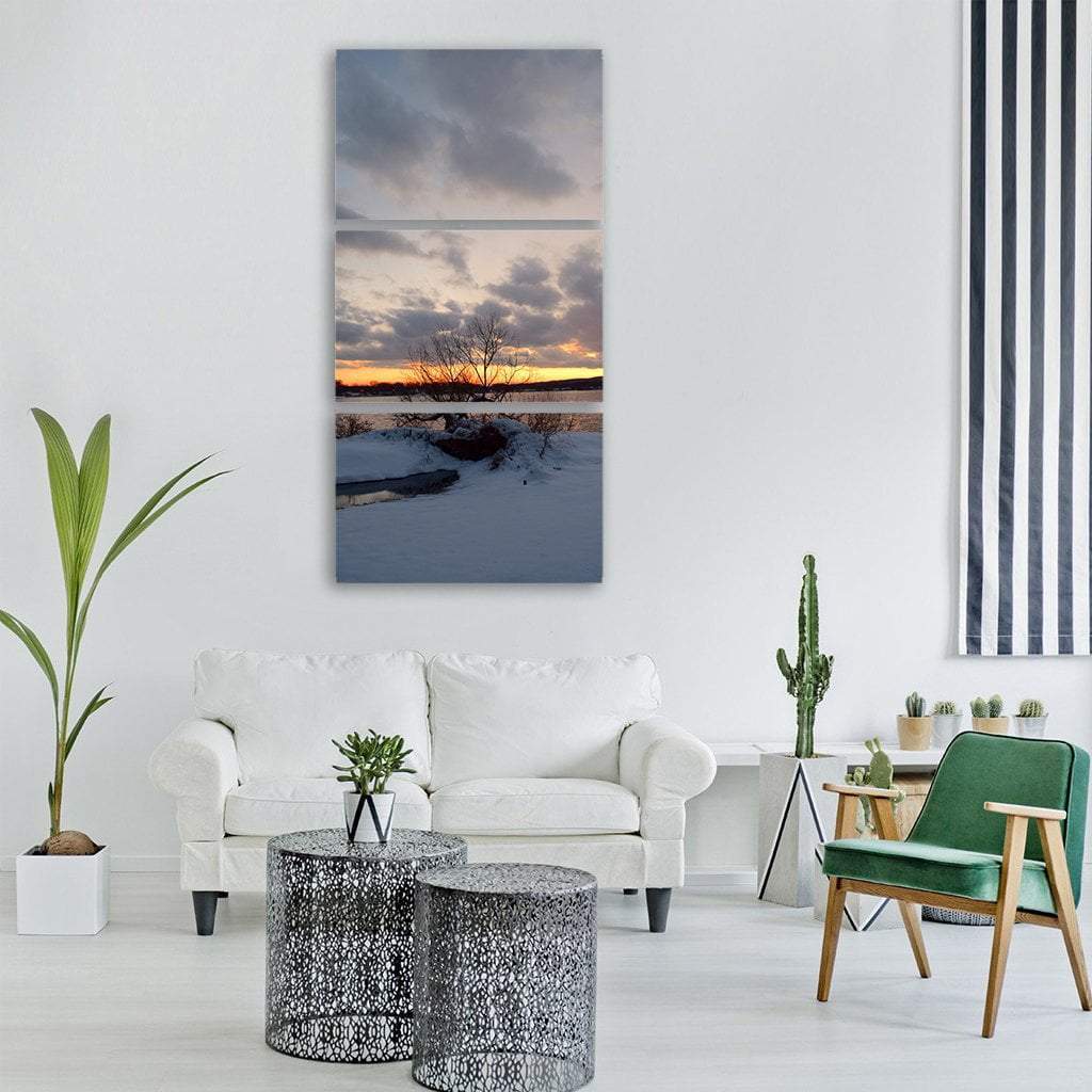 Snow Near Lake At Sunset Vertical Canvas Wall Art-1 Vertical-Gallery Wrap-12" x 24"-Tiaracle