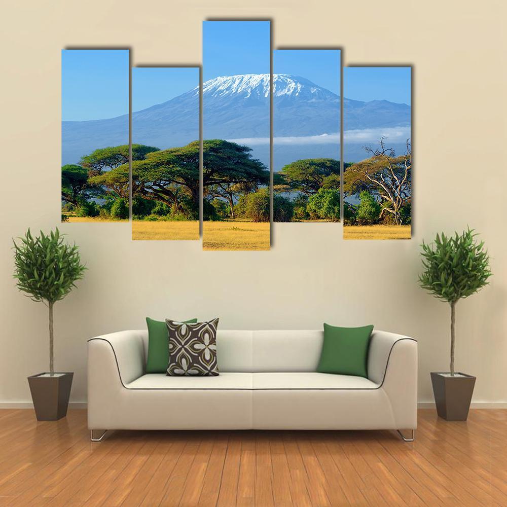 Snow On Top Of Mount Kilimanjaro In Amboseli Canvas Wall Art-5 Pop-Gallery Wrap-47" x 32"-Tiaracle