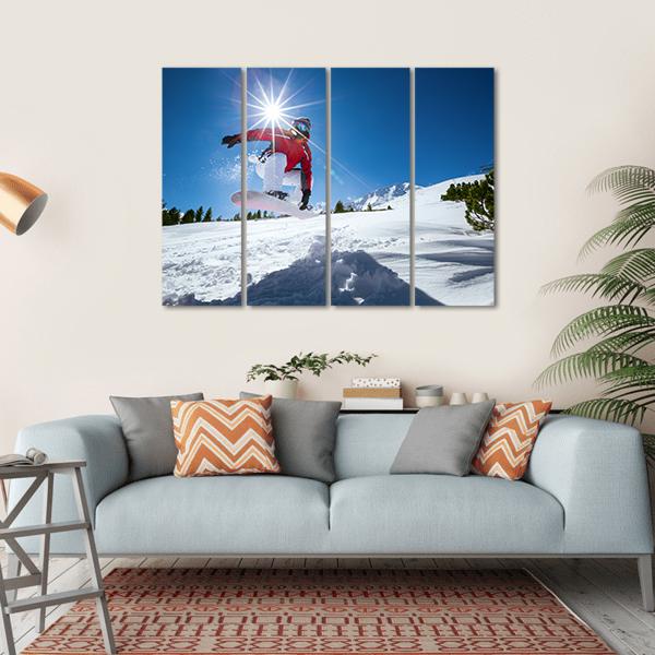 Snowboarder Taking A Jump In Fresh Snow Canvas Wall Art-4 Horizontal-Gallery Wrap-34" x 24"-Tiaracle