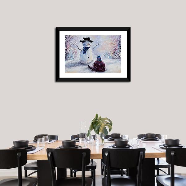 Snowman & Child Canvas Wall Art-1 Piece-Framed Print-20" x 16"-Tiaracle