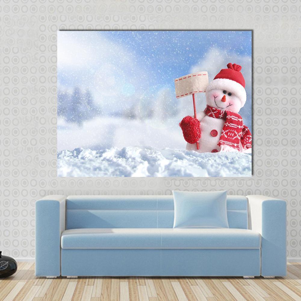 Snowman With A Blank Placard In His Hand Canvas Wall Art-1 Piece-Gallery Wrap-36" x 24"-Tiaracle