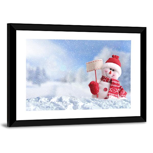 Snowman With A Blank Placard In His Hand Canvas Wall Art-5 Horizontal-Gallery Wrap-22" x 12"-Tiaracle