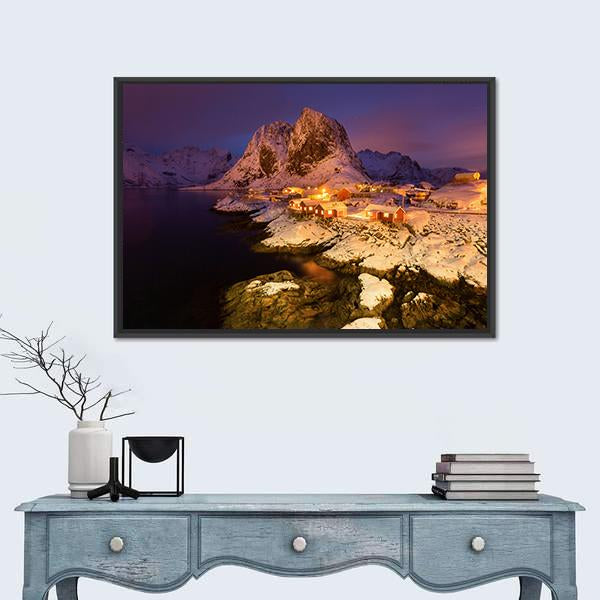 Snowy Hamnoy Village In The Lofoten Islands At Night Canvas Wall Art-1 Piece-Floating Frame-24" x 16"-Tiaracle