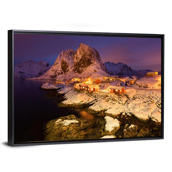 Snowy Hamnoy Village In The Lofoten Islands At Night Canvas Wall Art-3 Horizontal-Gallery Wrap-25" x 16"-Tiaracle