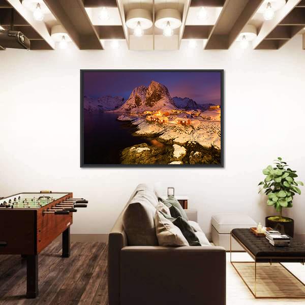 Snowy Hamnoy Village In The Lofoten Islands At Night Canvas Wall Art-3 Horizontal-Gallery Wrap-25" x 16"-Tiaracle