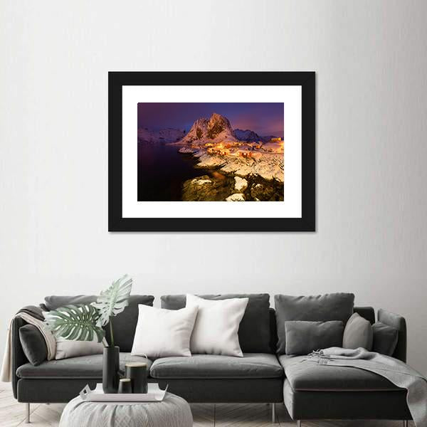 Snowy Hamnoy Village In The Lofoten Islands At Night Canvas Wall Art-3 Horizontal-Gallery Wrap-25" x 16"-Tiaracle