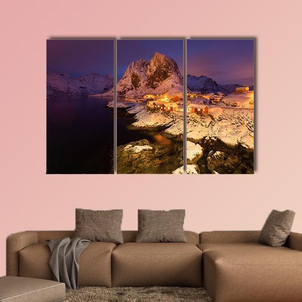 Snowy Hamnoy Village In The Lofoten Islands At Night Canvas Wall Art-3 Horizontal-Gallery Wrap-37" x 24"-Tiaracle