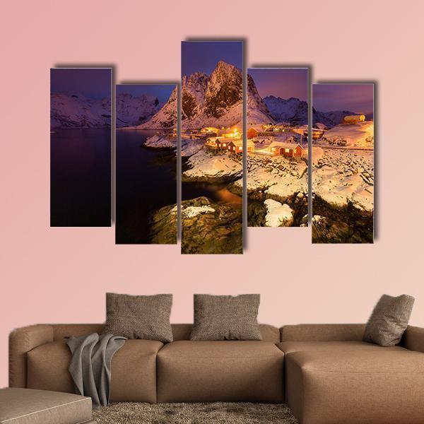 Snowy Hamnoy Village In The Lofoten Islands At Night Canvas Wall Art-5 Pop-Gallery Wrap-47" x 32"-Tiaracle