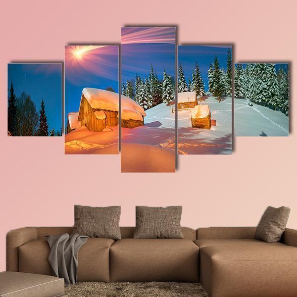 Snowy Houses Of Carpathians Canvas Wall Art-5 Star-Gallery Wrap-62" x 32"-Tiaracle
